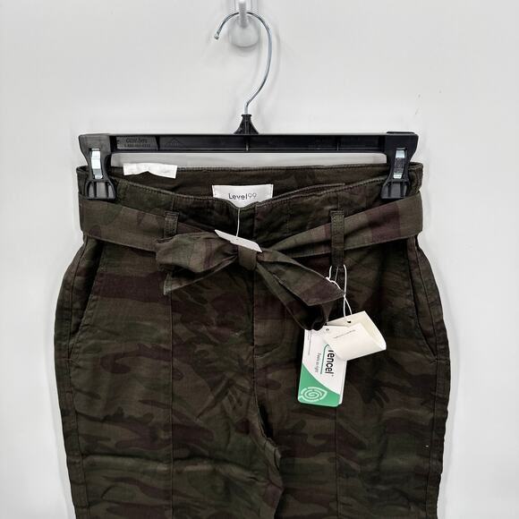 LEVEL99 NWT Bette Seamed Camo Tie Waist Straight Leg Linen Trouser Pants // 00 - Picture 5 of 13